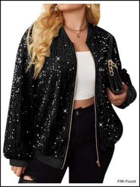 Sequin Bomber Jacket Plus Size Sparkle Long Sleeve Front Zip Party Coat